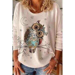 Womens Long‎ Sleeve Owl Moon Stars Graphic Top Casual Cute Shirt size small
